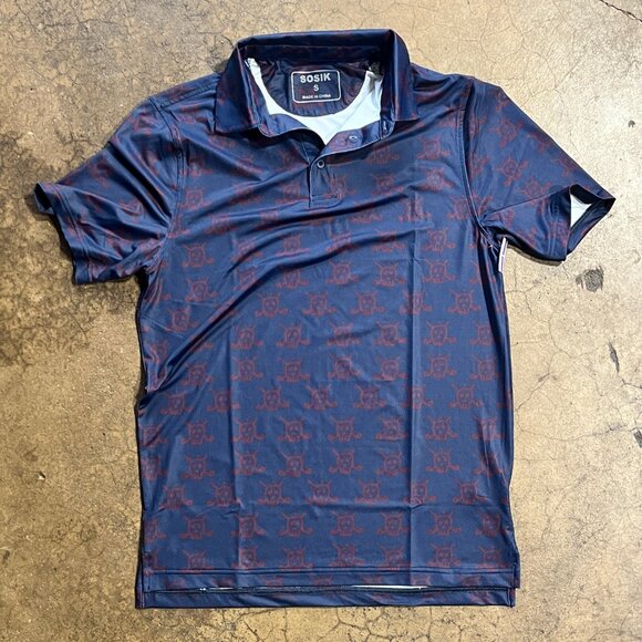 NEW NWOT ~ SOSIK Golf Shirt Men's SMALL Skull & Bogeys Skull and Crossbones Polo - Picture 1 of 6